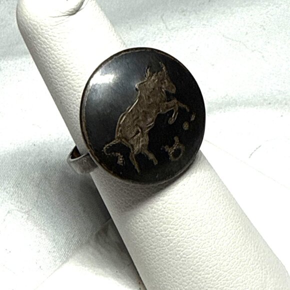 Vintage Taurus Sterling Zodiac Sign Ring Black Brass Engraved Bull Astrology Jew - Picture 9 of 13